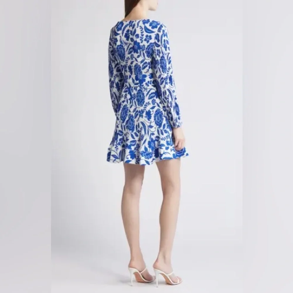 Milly Blue Liv Flowers of Spain Long Sleeve V Neck Pleated Mini Dress - Picture 4 of 13